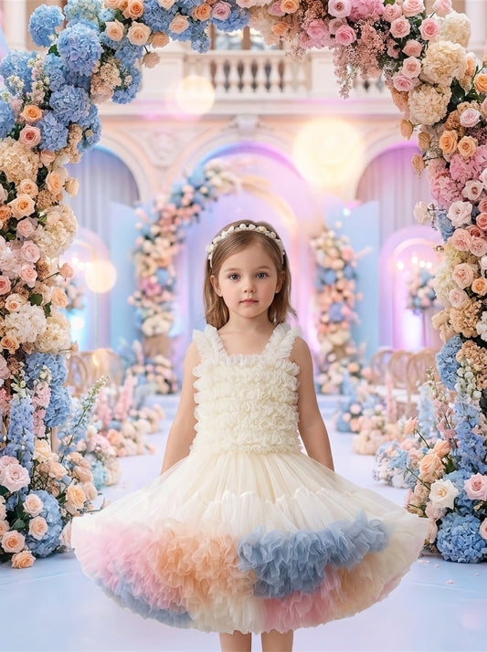 Front view of a child wearing a cream ruffled dress with pink, peach and blue panels around the skirt hem.