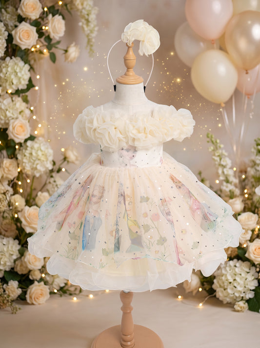 A white and pastel tulle dress displayed on a mannequin, decorated with a ruffled off-the-shoulder neckline, a white flower headpiece, and a whimsical printed skirt with small pastel illustrations and sparkly details. The background is decorated with white roses, fairy lights, and balloons.