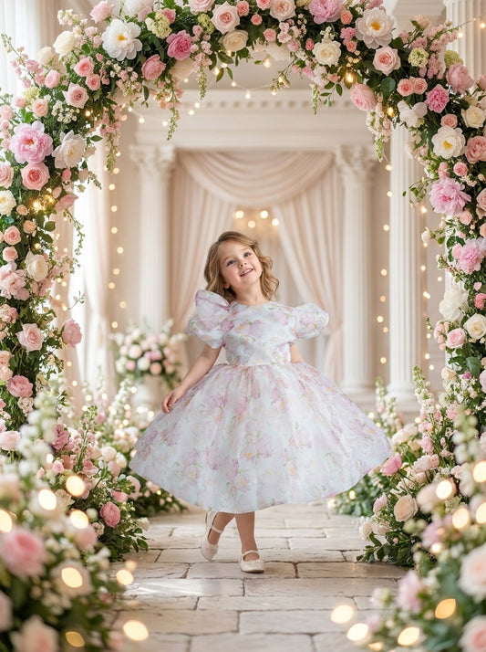 Front view of a child wearing a pastel floral-patterned dress with puff sleeves and a large shoulder bow.