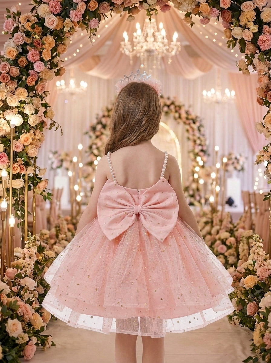 Pink Blossom Tulle Dress – peach-pink sparkle tulle dress with large back bow, back view on girl