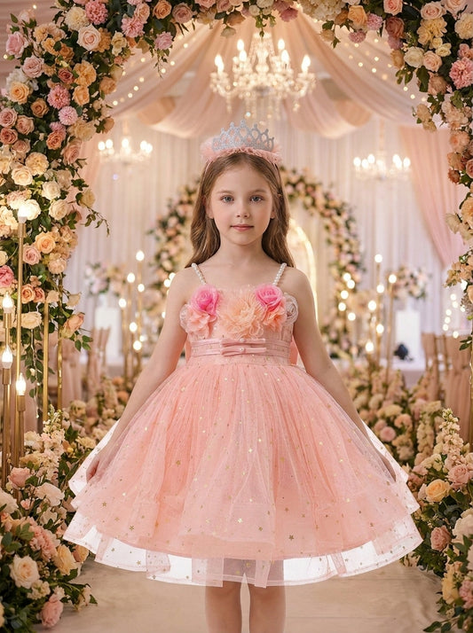 Pink Blossom Tulle Dress – peach-pink sparkle tulle dress with floral bodice, front view on girl