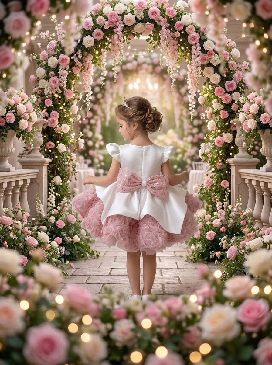 Back view of a child wearing a white dress with pink waist bow and a skirt covered in pink rosettes.