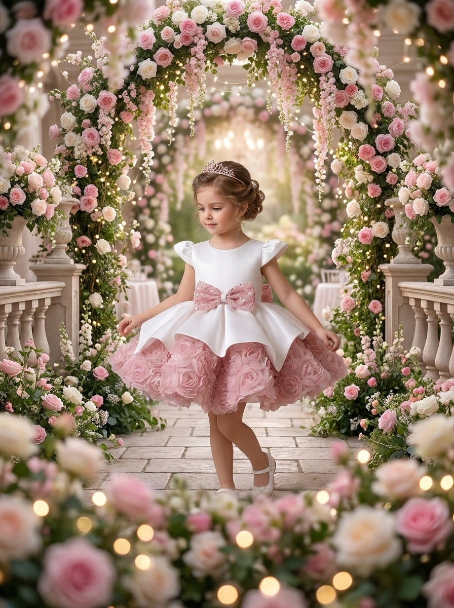 Front view of a child wearing a white dress with pink waist bow and a skirt covered in pink rosettes.