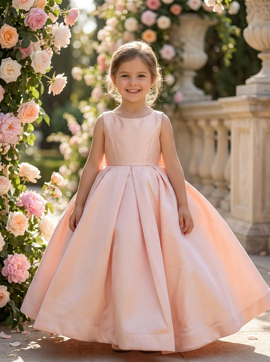 Pink Royal Majesty Gown – blush pink satin ball gown with waist sash, front view on girl in garden