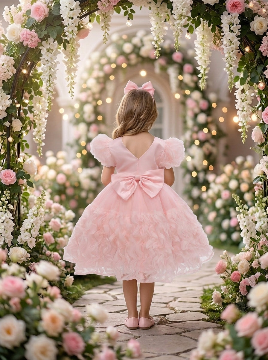 Back view of a child wearing a pale pink dress with rosette sleeves, a V-shaped back and large waist bow.