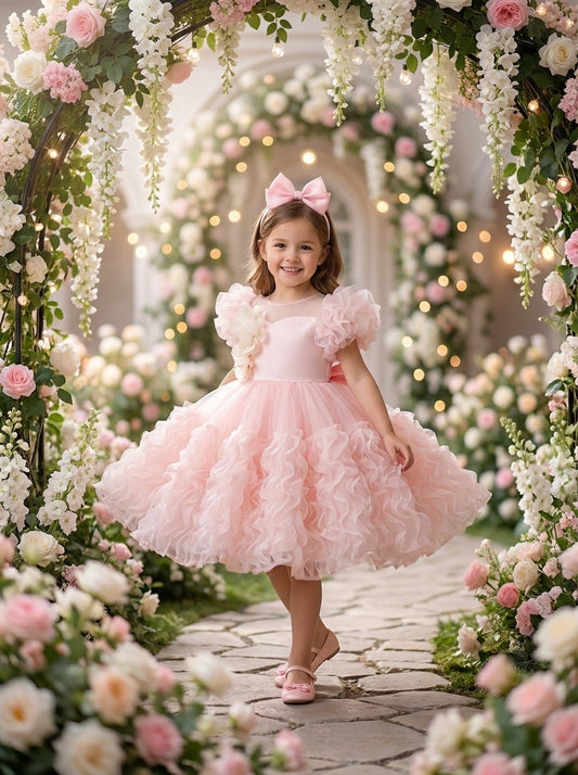 Front view of a child wearing a pale pink dress with rosette sleeves and a skirt covered in large ruffles.