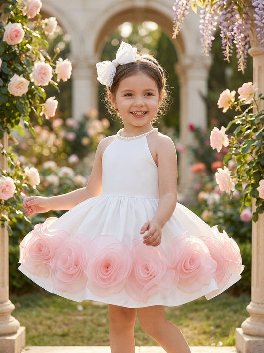 Front view of a child wearing a white halter-neck dress with a pearl neckline and large pink rosettes around the skirt hem.