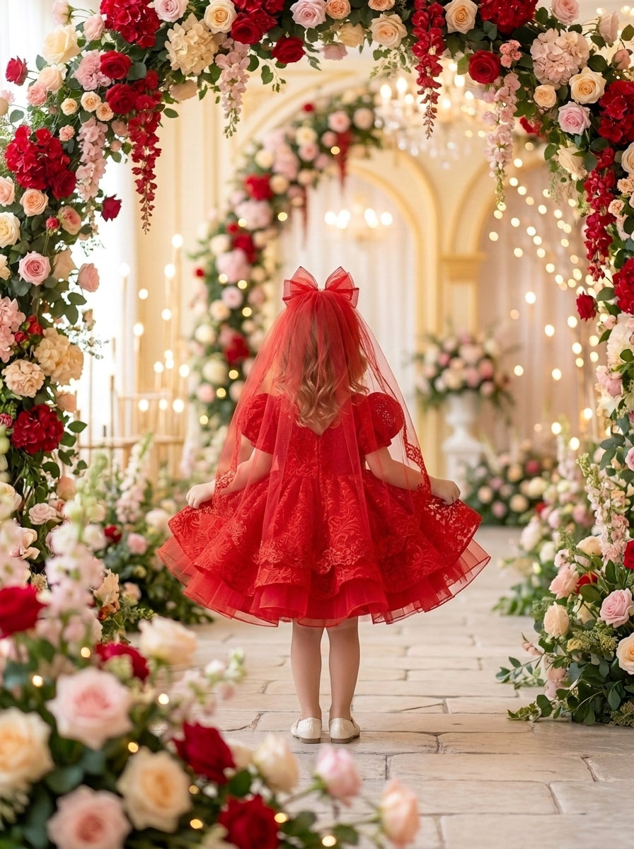 Back view of a child wearing a red patterned dress with puff sleeves, a full skirt and matching sheer veil.