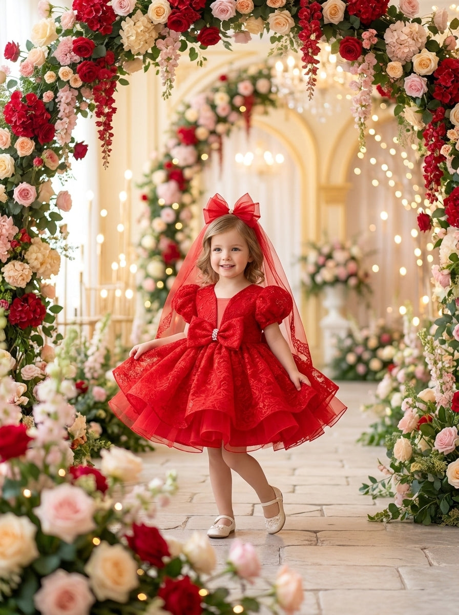 Front view of a child wearing a red patterned dress with puff sleeves, a large waist bow and matching veil.