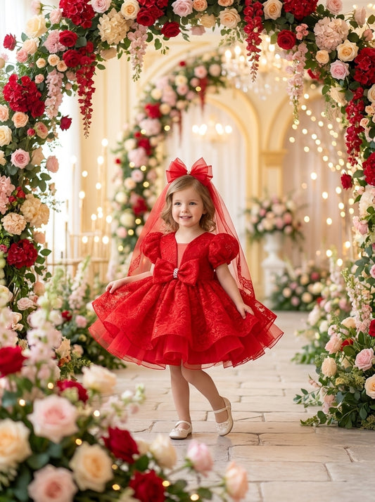 Front view of a child wearing a red patterned dress with puff sleeves, a large waist bow and matching veil.