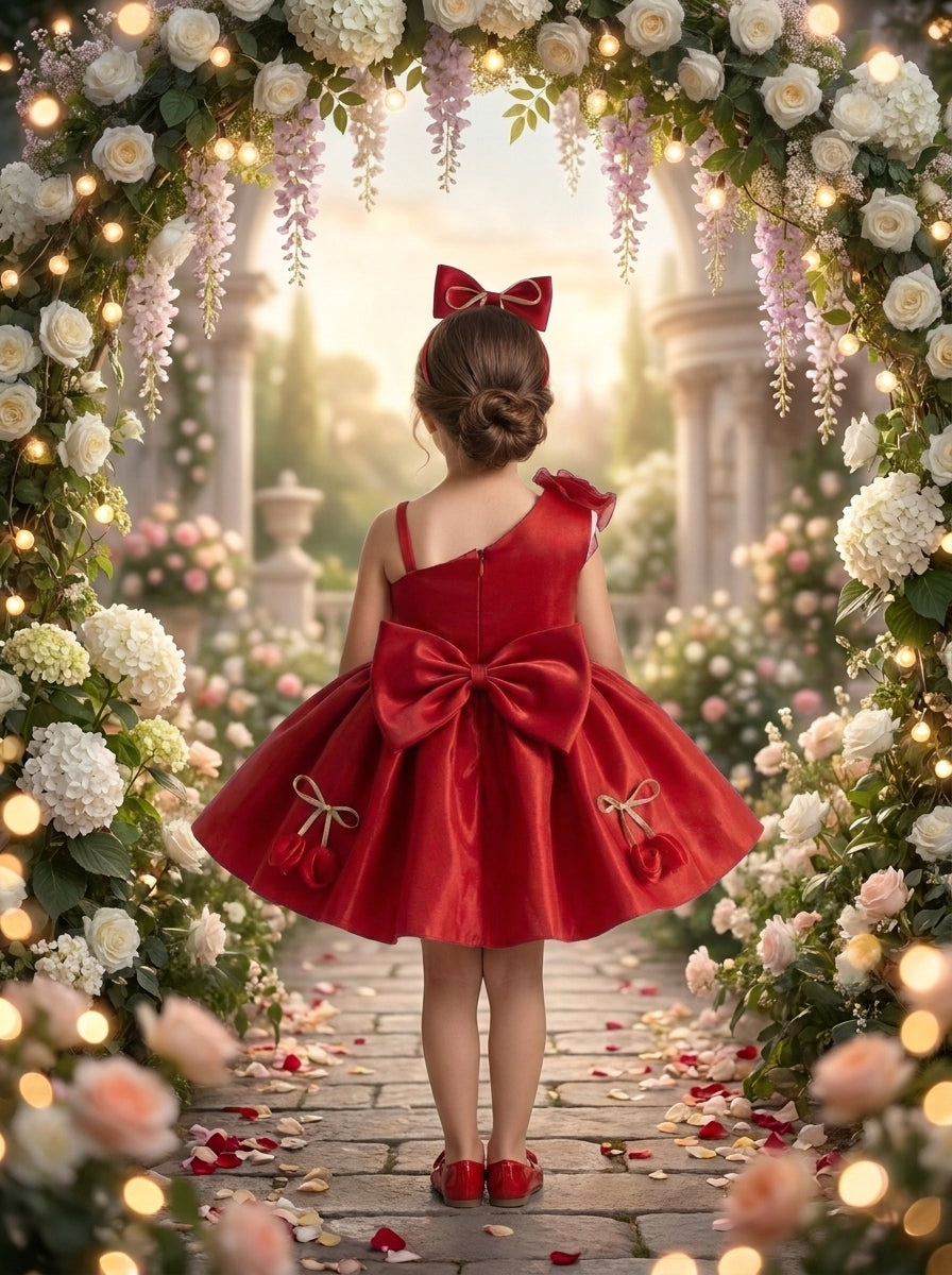 Back view of a child wearing a red one-shoulder dress with a large waist bow and bow-trimmed skirt motifs.
