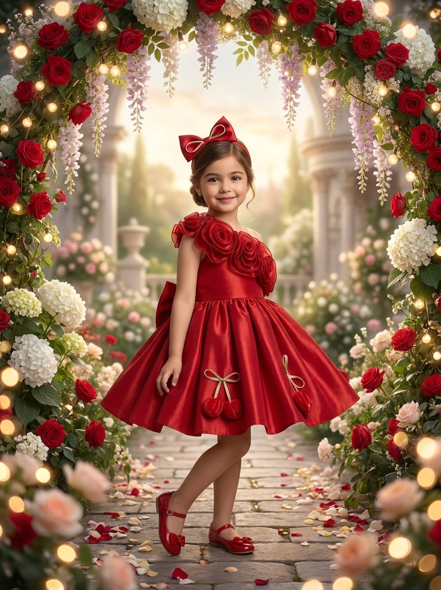 Front view of a child wearing a red one-shoulder dress with large neckline rosettes and bow-trimmed skirt motifs.