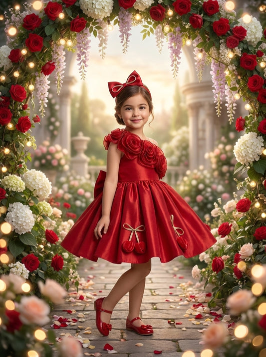 Front view of a child wearing a red one-shoulder dress with large neckline rosettes and bow-trimmed skirt motifs.