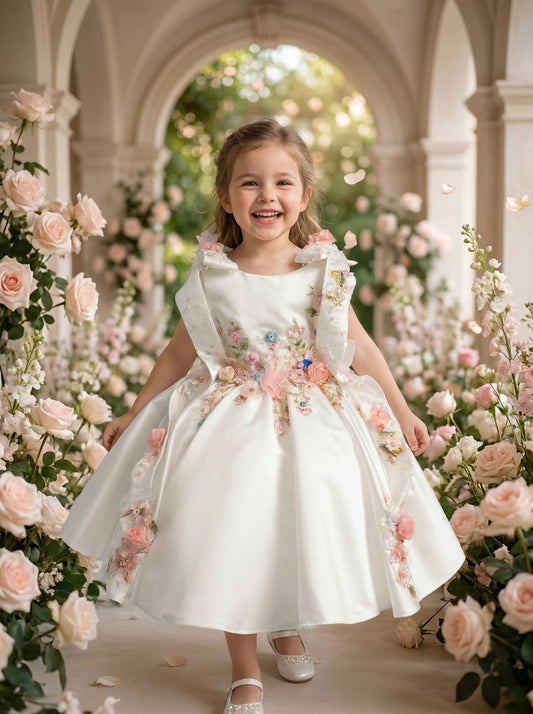 White Enchanted Garden Gown – white satin dress with pink floral embroidery, front view on girl