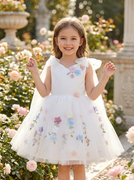 White Pearl Couture Dress – white tulle dress with pastel floral embroidery, front view on girl in garden