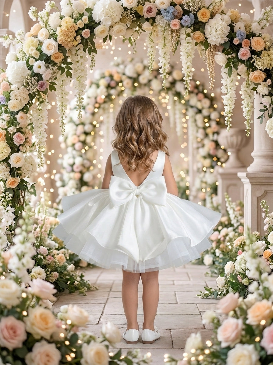 Back view of a child wearing a white sleeveless dress with a V-shaped back and large waist bow.