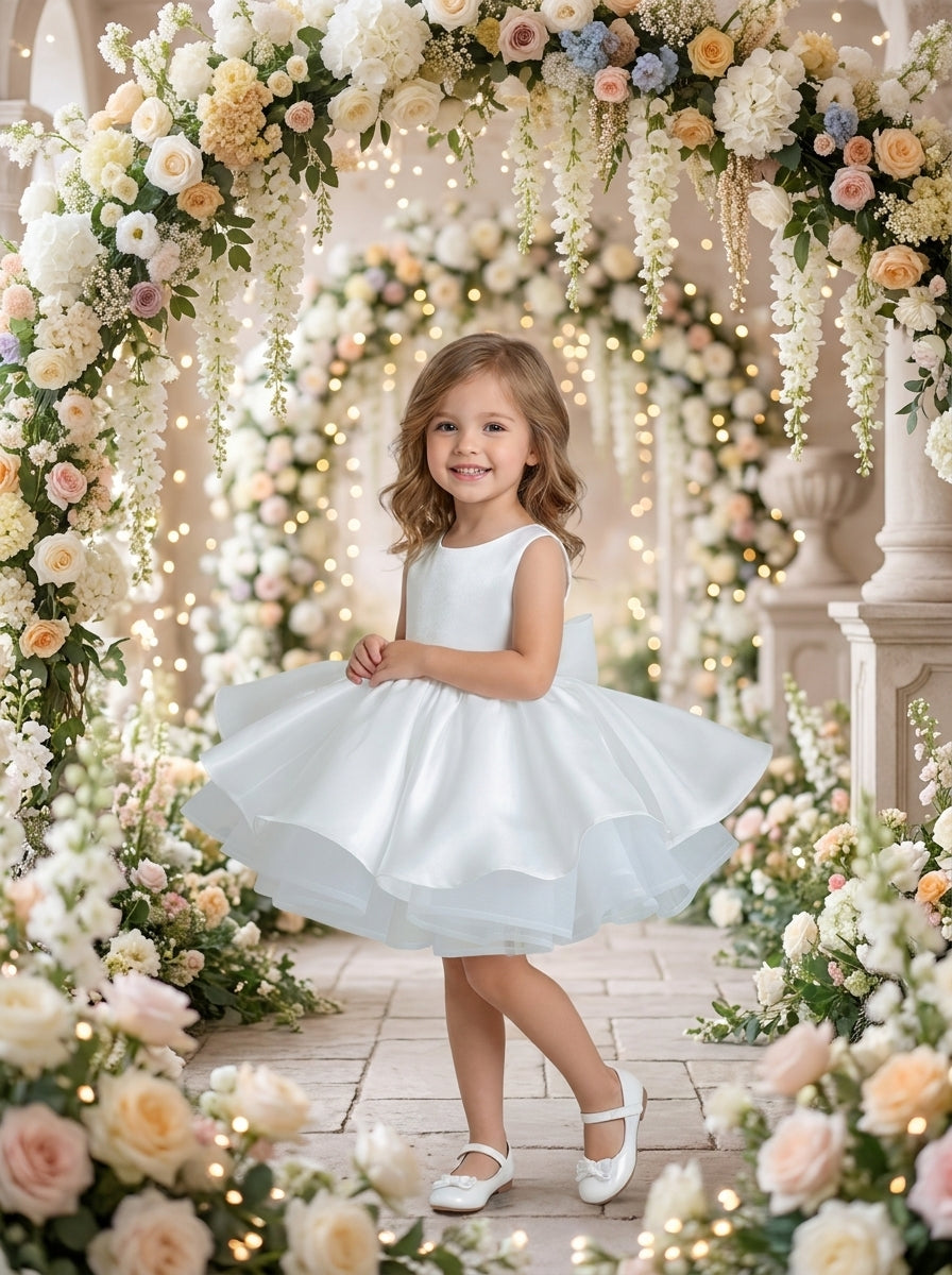 Front view of a child wearing a white sleeveless dress with a layered, petal-shaped flared skirt.