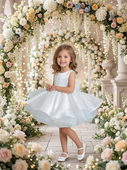 Front view of a child wearing a white sleeveless dress with a layered, petal-shaped flared skirt.