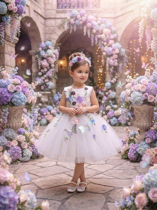 Front view of a child wearing a white dress with pastel flowers and shiny butterfly decorations.
