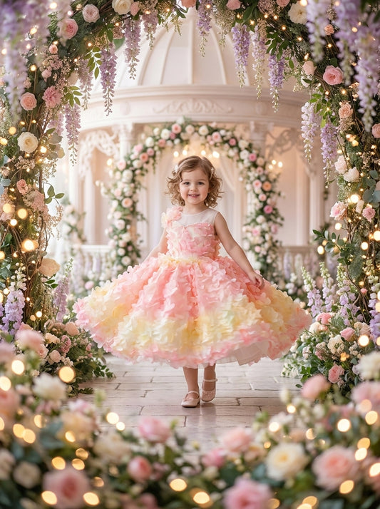 Front view of a child wearing a pink and yellow dress covered in petal-shaped decorations.