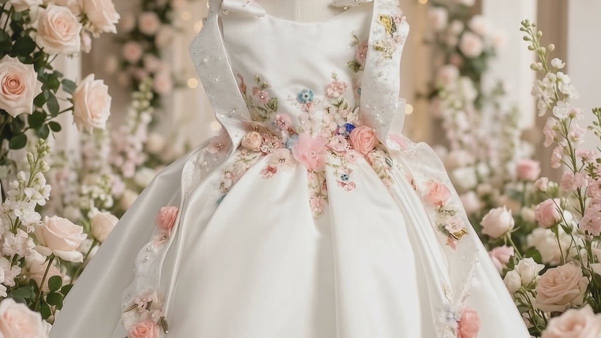 Load video: Girl in a white enchanted garden gown twirling